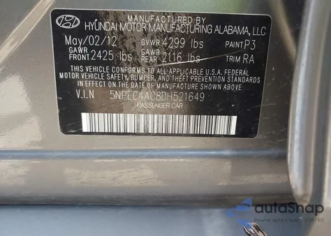2013 Hyundai Sonata Se from USA, damaged, VIN 5NPEC4AC8DH521649